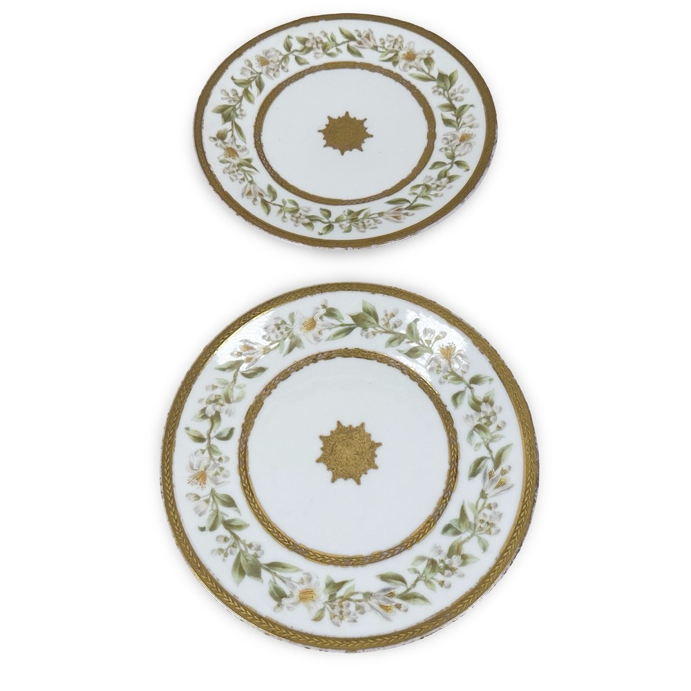 T&V Limoges France Ovington Bros Gold Encrusted Floral Porcelain Plates Set 2